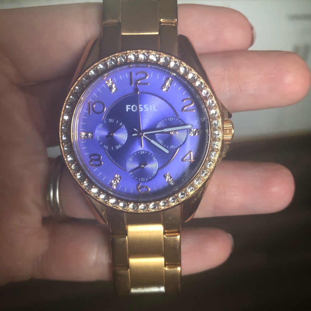 Purple Fossil watch with gold band